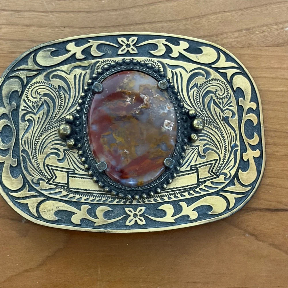 Western Belt Buckle Brass Tone Faux Agate Stone Floral Engraved Scrollwork